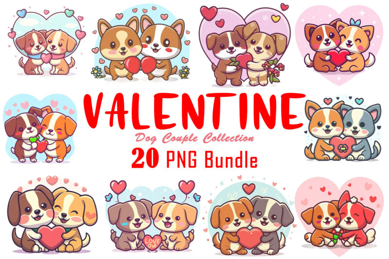 Valentines Day Dog Couple Cartoon Character Illustration T-shirt Design Bundle