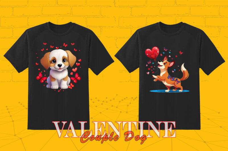 Valentines Day Dog Couple Cartoon Character Illustration 20 T-shirt PNG Clipart Bundle