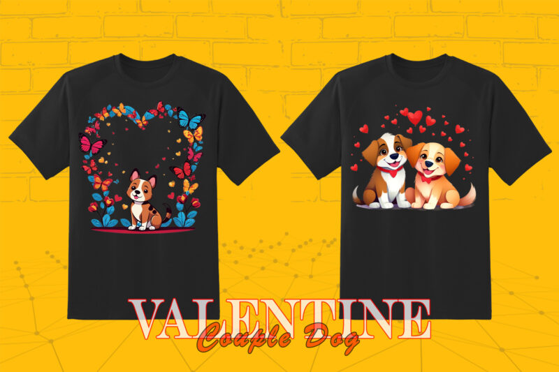 Valentines Day Dog Couple Cartoon Character Illustration 20 T-shirt PNG Clipart Bundle