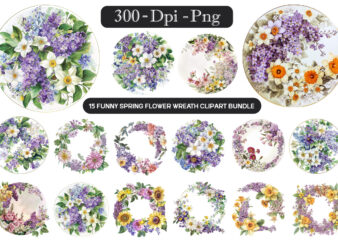 Spring flower Wreath Clipart Bundle, Floral frame PNG, Watercolour flowers clipart, Spring flowers circle PNG, Gold circle frame, Botanical t shirt template vector