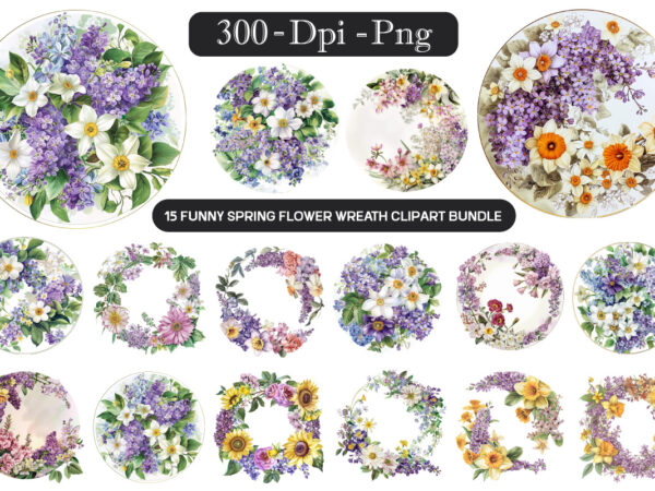 Spring flower wreath clipart bundle, floral frame png, watercolour flowers clipart, spring flowers circle png, gold circle frame, botanical t shirt template vector