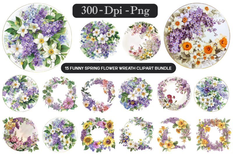 Spring flower Wreath Clipart Bundle, Floral frame PNG, Watercolour flowers clipart, Spring flowers circle PNG, Gold circle frame, Botanical