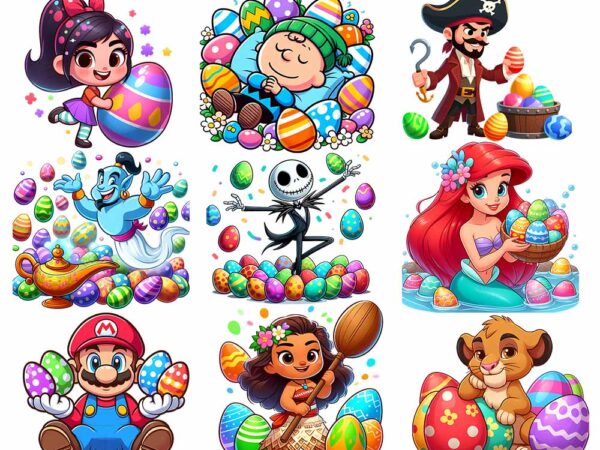 Cartoon easter character png bundle, spring easter png, happy easter day png, superhero easter png, princess easter egg t shirt vector file