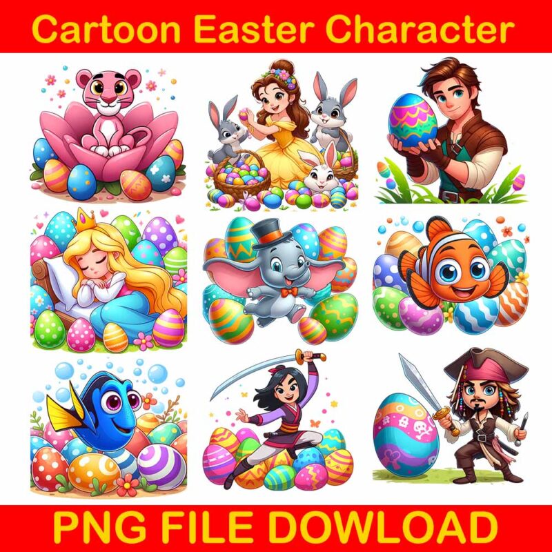 Cartoon Easter Character Png Bundle, Spring Easter Png, Happy Easter Day Png, Superhero Easter Png, Princess Easter Egg