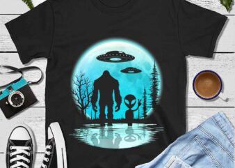 Bigfoot And Alien Under The Moon Png