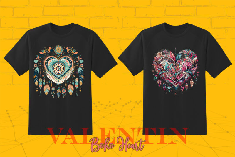 Boho Heart Cozy Love Shape Valentines Day 140 Illustration T-shirt Clipart Bundle