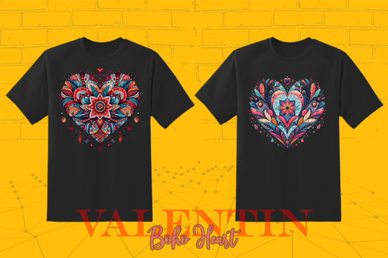 Boho Heart Cozy Love Shape Valentines Day 140 Illustration T-shirt Clipart Bundle