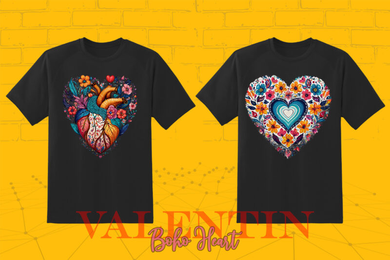 Boho Heart Cozy Love Shape Valentines Day 140 Illustration T-shirt Clipart Bundle