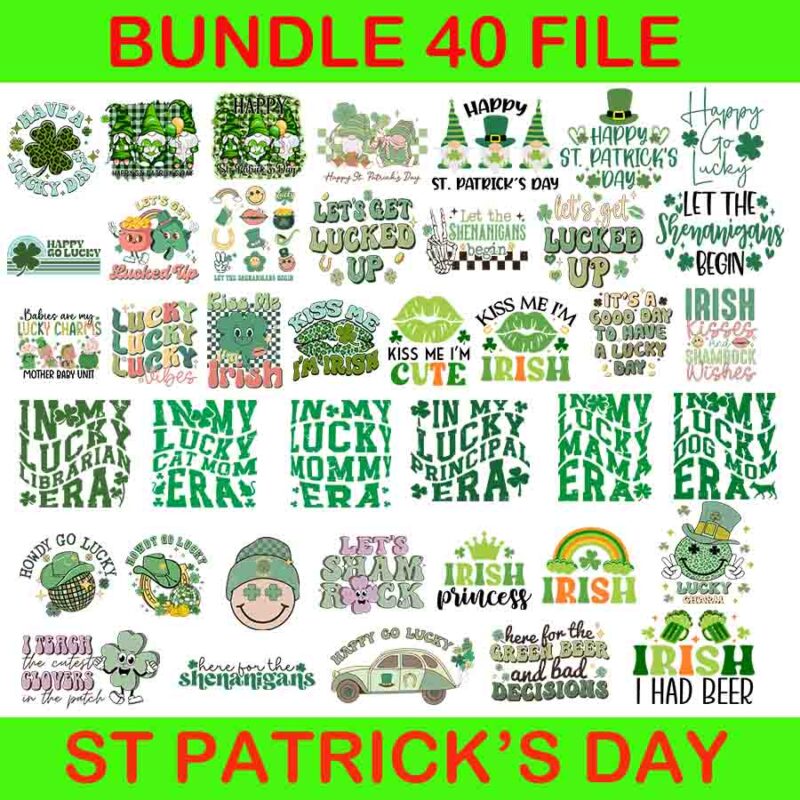 Bundle Patrick Day Png, Happy Lucky Png, Shamrock Png