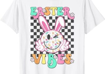 Retro Groovy Easter Vibes Bunny Checkered Smile Womens Girls T-Shirt