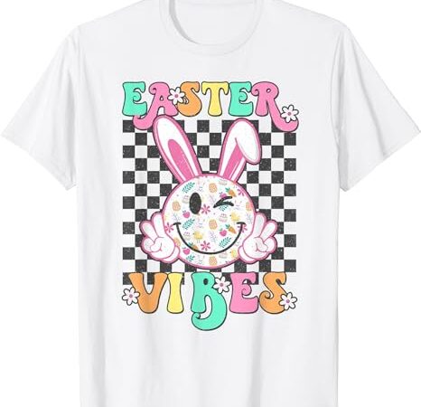Retro groovy easter vibes bunny checkered smile womens girls t-shirt