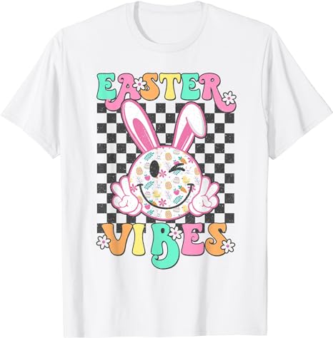 Retro Groovy Easter Vibes Bunny Checkered Smile Womens Girls T-Shirt