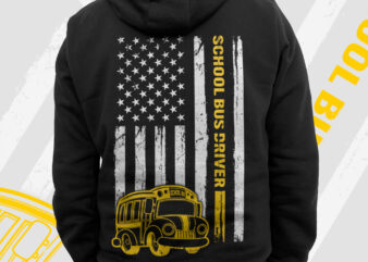 School bus driver with usa flag png, american vintage distressed flag, fathers day png, yellow line png, 4th of july gifts, bus driver gifts