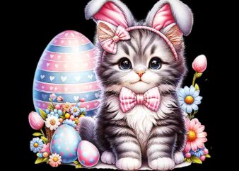 Cute Kitten Happy Easter Cat Bunny And Eggs Png t shirt vector file