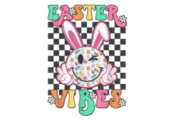 Groovy Easter Vibes Bunny Checkered Smile Png t shirt design template