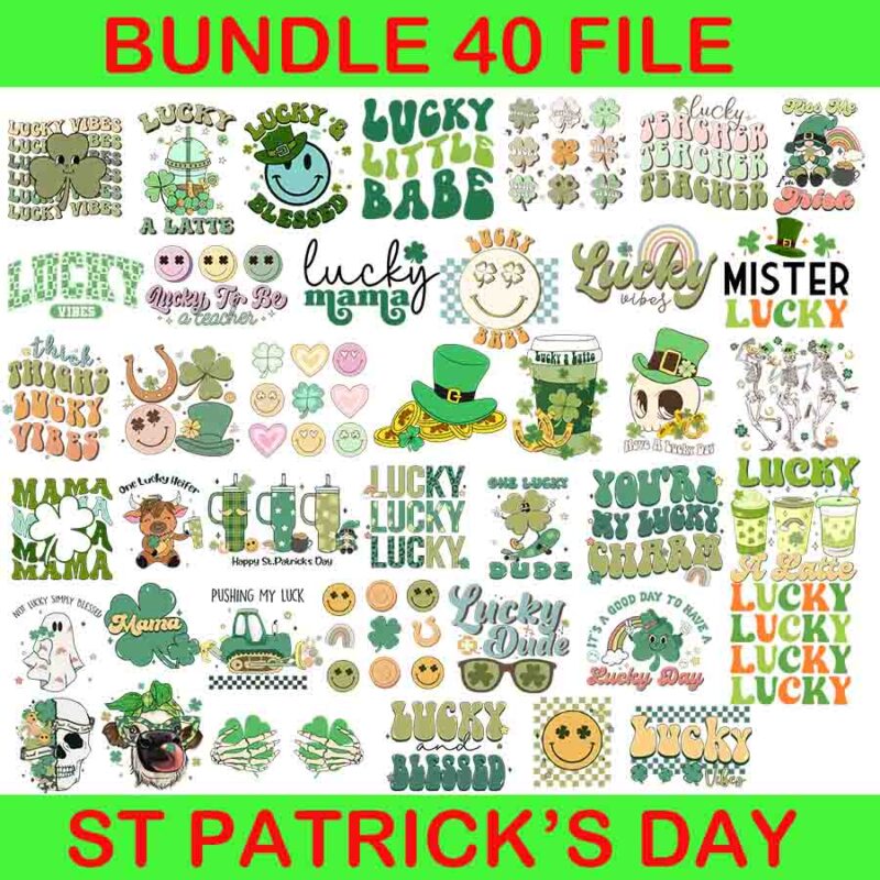 Bundle Patrick Day Png, Happy Lucky Png, Shamrock Png