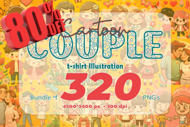 320 Cute Cartoon Couple Illustration Clipart T-shirt Design Bundle