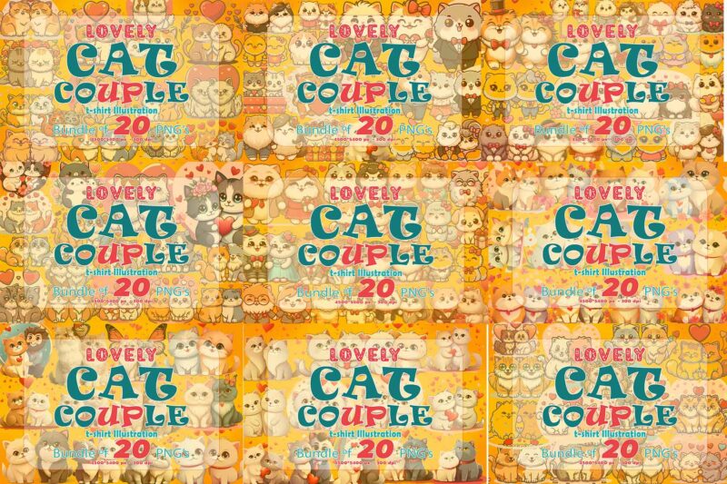 Cute Cat Couple 320 Clipart PNG Bundle