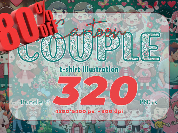320 cute cartoon couple illustration clipart t-shirt design bundle