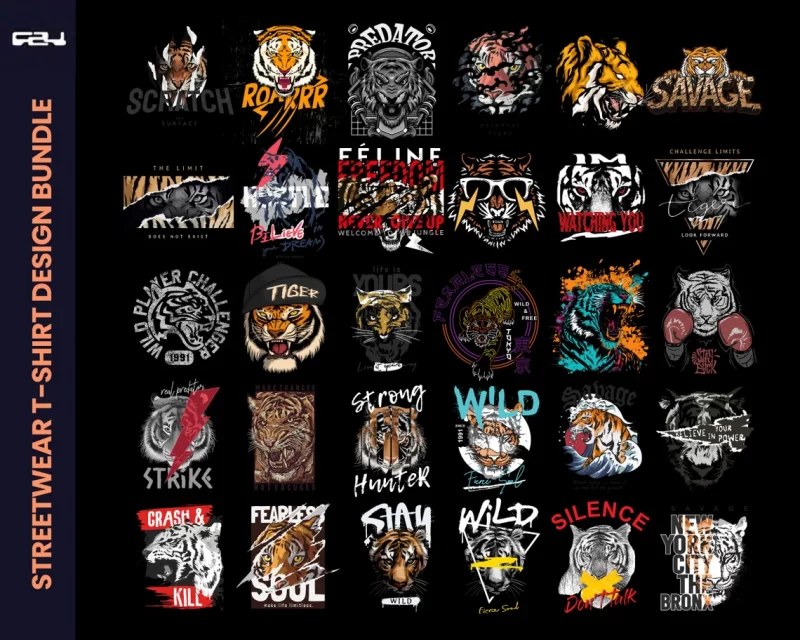 60 T-shirt designs bundle, tiger design bundle, streetwear design, Aesthetic Design, Urban Streetwear, T-Shirt pod design, Pop Culture, DTF,