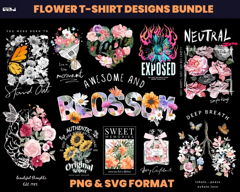 60 T-shirt designs bundle, Flower streetwear design bundle, Streetwear Designs, Aesthetic Design, Urban designs, Graphics shirt , DTF, DTG