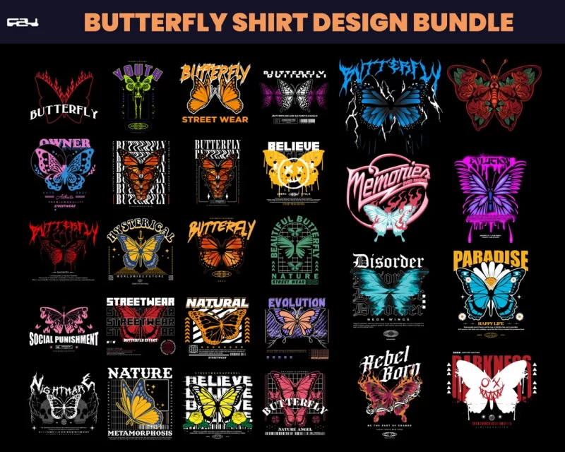 t-shirt vector 80 Butterfly designs bundle, Butterflies streetwear design, streetwear design, butterfly png, Urban designs, butterfly svg, DTF, DTG