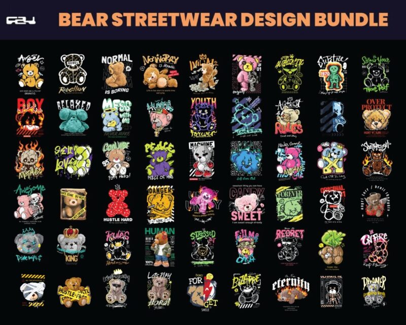 108 Bear T-shirt designs bundle, Streetwear design bundle, streetwear design, teddy bear design, urban t-shirts, hip hop t-shirt, DTF, DTG