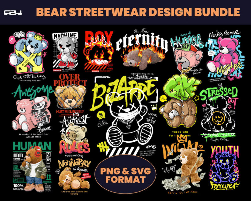 108 Bear T-shirt designs bundle, Streetwear design bundle, streetwear design, teddy bear design, urban t-shirts, hip hop t-shirt, DTF, DTG