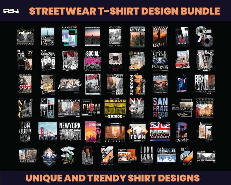 55 Urban City Streetwear Designs,shirt Design bundle, cities Designs, city Design, Urban Shirt designs, Graphics tee shirt, DTF, DTG