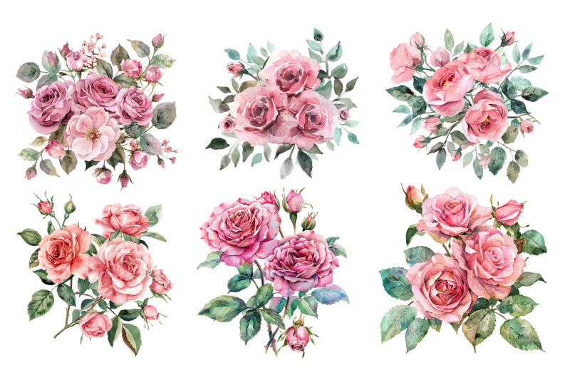 Pink Roses, Printable Watercolor clipart