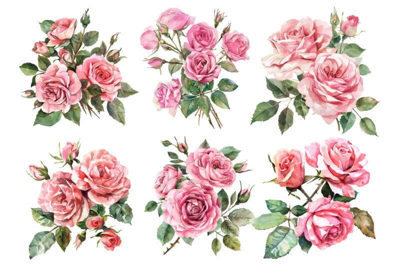 Watercolor Pink Roses Bouquet, Floral Clipart, Wedding Clip art