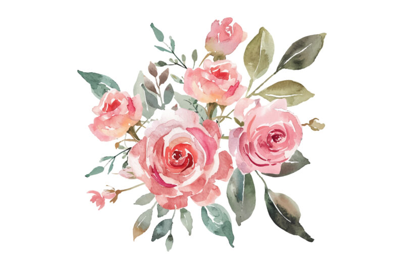 Watercolor Pink Roses Bouquet, Floral Clipart, Wedding Clip art