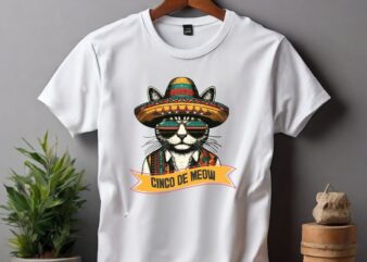 Cinco de meow funny cat wear Cinco De Mayo hat T-shirt design vector, Mexican Shirts, Mexican cat Shirts, Cat cinco de mayo shirt vector,