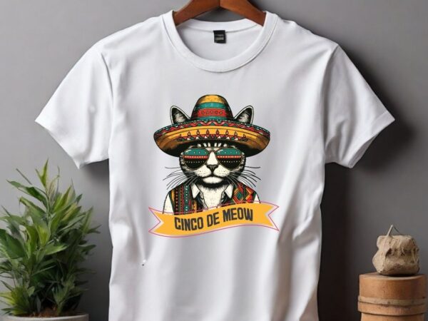 Cinco de meow funny cat wear cinco de mayo hat t-shirt design vector, mexican shirts, mexican cat shirts, cat cinco de mayo shirt vector,