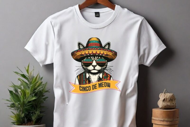 Cinco de meow funny cat wear Cinco De Mayo hat T-shirt design vector, Mexican Shirts, Mexican cat Shirts, Cat cinco de mayo shirt vector,