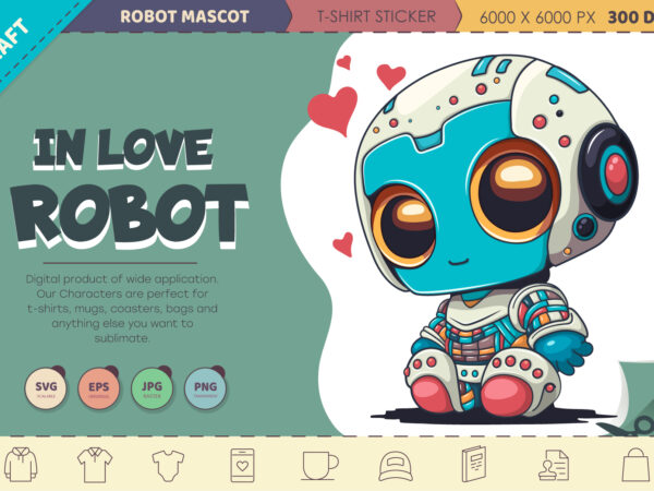 Cartoon robot in love. t-shirt, png, svg.