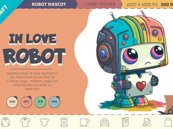 Cartoon robot in love. t-shirt, png, svg.