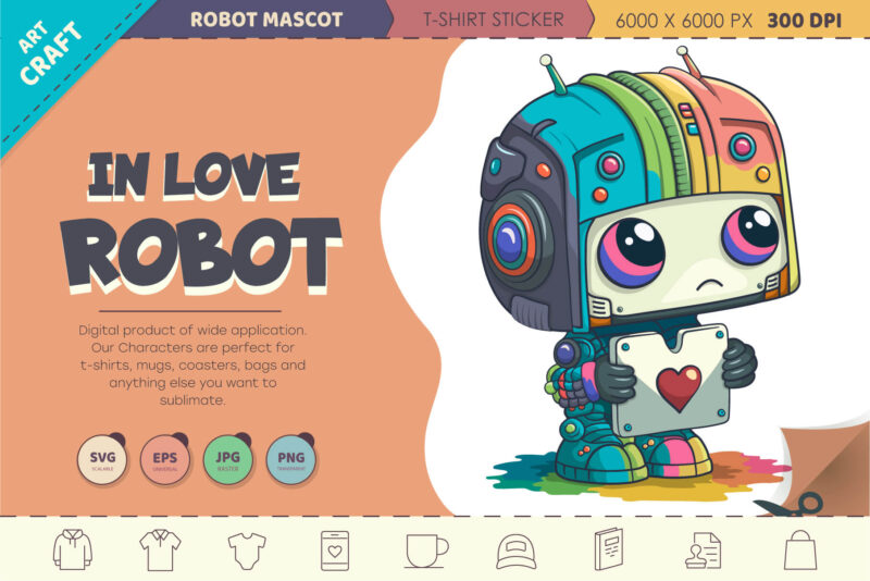 Cartoon robot in love. T-Shirt, PNG, SVG.