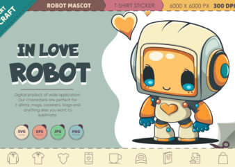 Cartoon robot in love. T-Shirt, PNG, SVG.