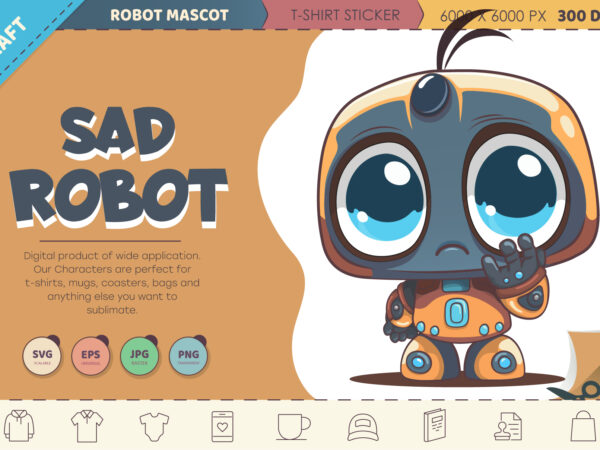 Cartoon sad robot. t-shirt, png, svg.