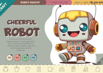 Cheerful cartoon robot. T-Shirt, PNG, SVG.