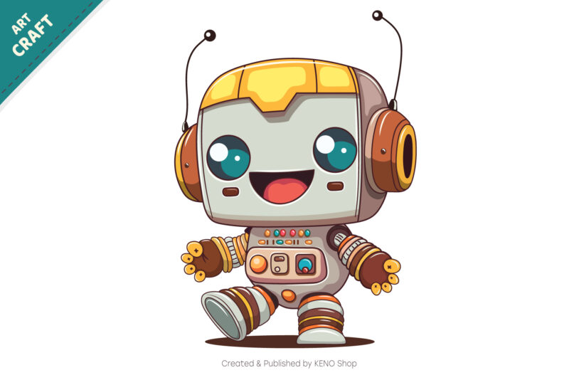 Cheerful cartoon robot. T-Shirt, PNG, SVG.