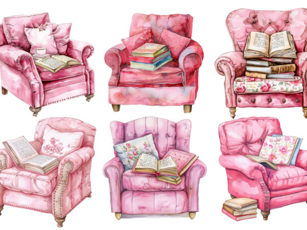 Watercolor pink comfy reading chair t shirt design for sale