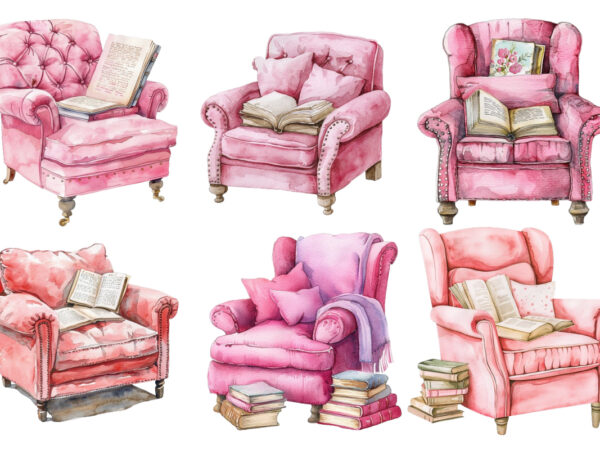 Watercolor pink comfy reading chair t shirt design for sale