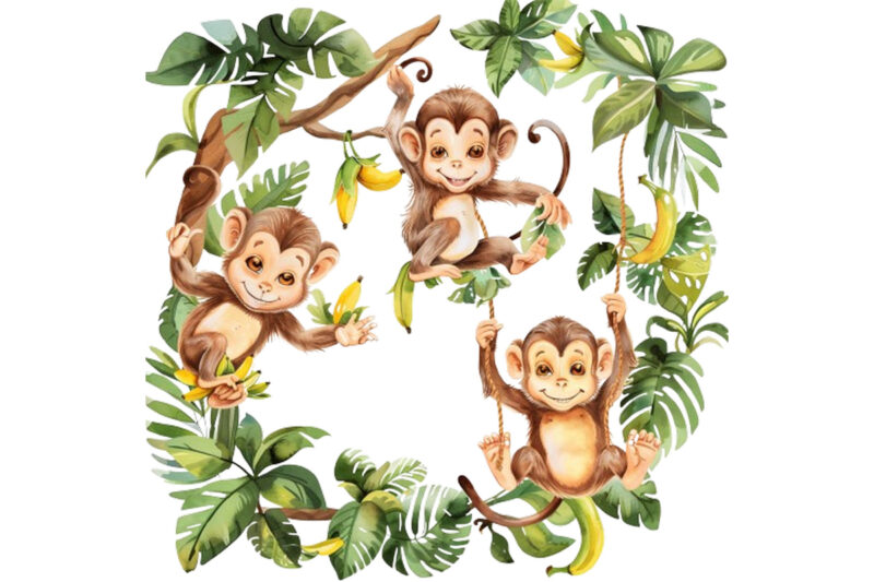 Cute Cartoon Monkey Watercolor