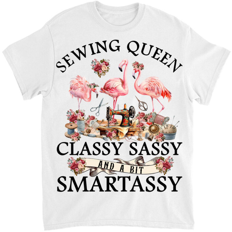 Funny Sewing Queen Cute Flamingo Flowery Sewing Machine Tee T-Shirt Ltsp png file