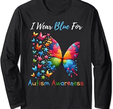 I wear blue for autism awareness month butterfly women kids long sleeve t-shirt