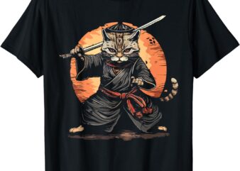 Kawaii Graphic Japanese Anime Manga Samurai Ninja Cat T-Shirt
