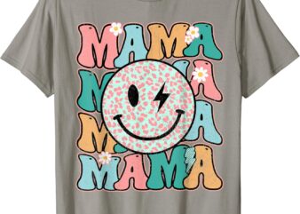 Mama leopard smile bolt lightning checkered groovy mom life t-shirt