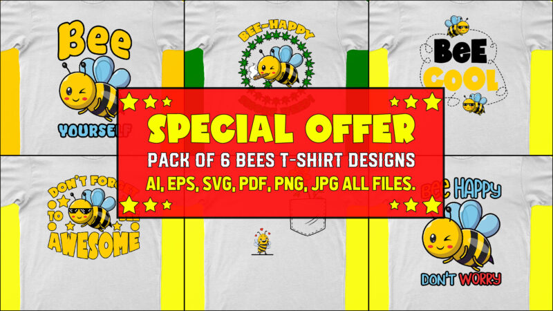 Pack Of 6 Bees T-Shirt Designs For Sale!! | Ready To Print | 50% off!!